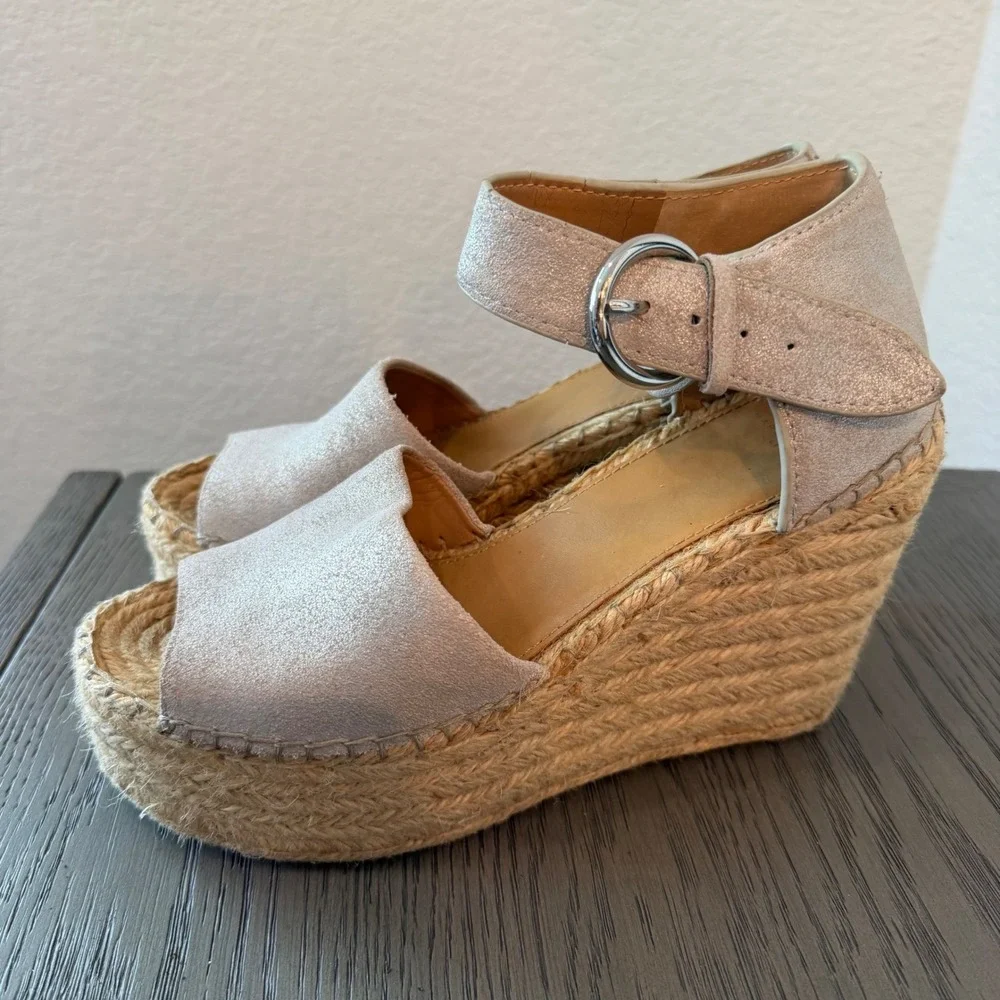 Marc Fisher LTD Alida Metallic Leather Espadrille Wedge Sandals‎ Silver 8M